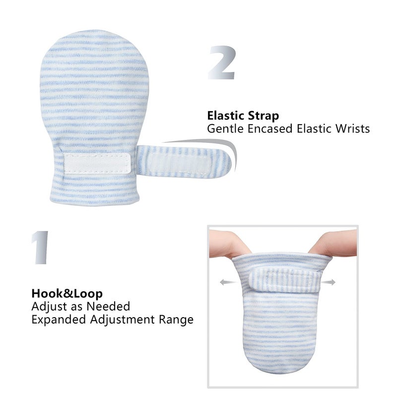 Reyow Newborn Baby No Scratch Mittens Stay On, 100% Cotton Breathable, Adjustable Infant Gloves for Baby Boys Girls Mittens (Blue Stripe, 3-12 Months) - Image 5